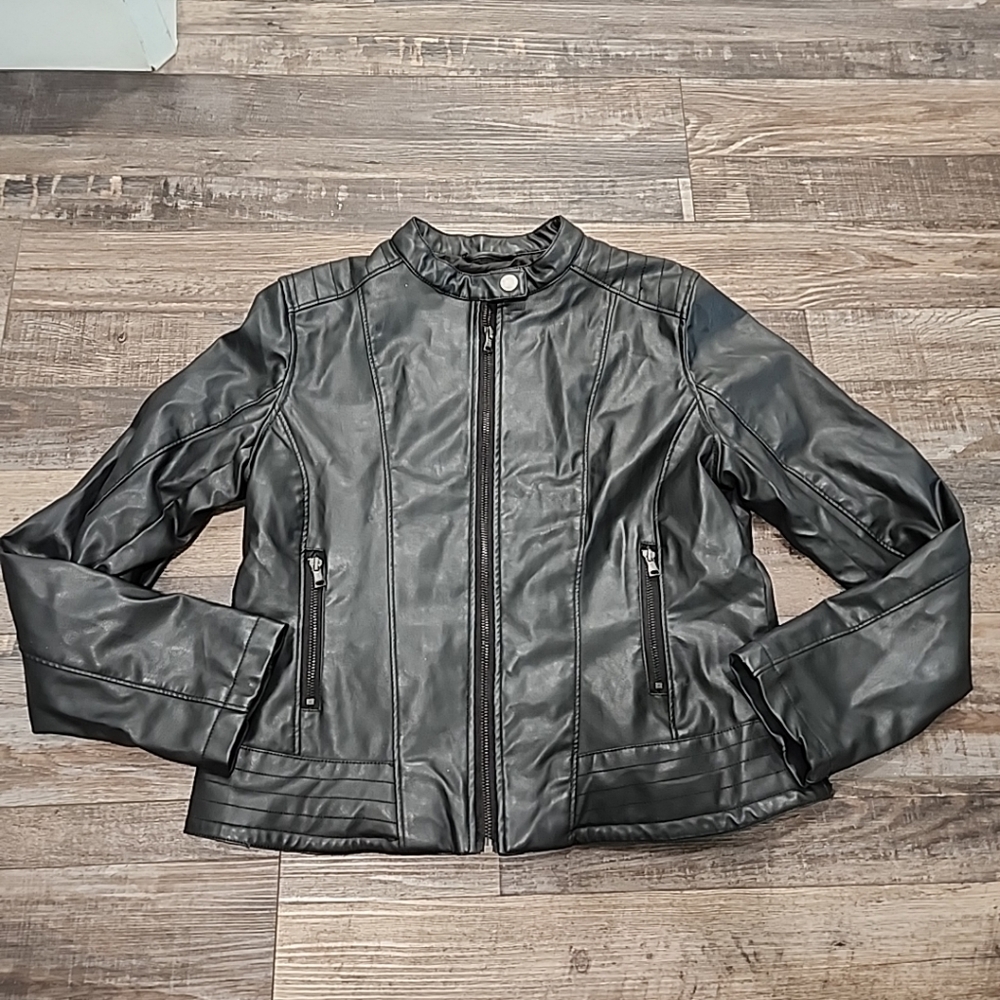 Black Vegan Chic Moto-Inspired Leather Jacket, SZ-LG, NWWT